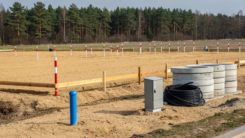 Uzbrojenie działki: skrzynka przyłącza elektrycznego, kręgi kanalizacyjne i rury doprowadzone do granicy